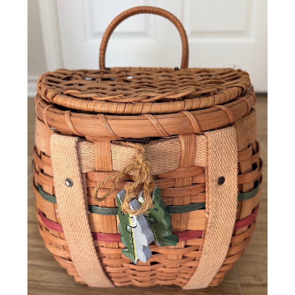 Vintage Woven Fishing Creel Backpack Basket Fish Cabin Cottagecore Wicker Rustic